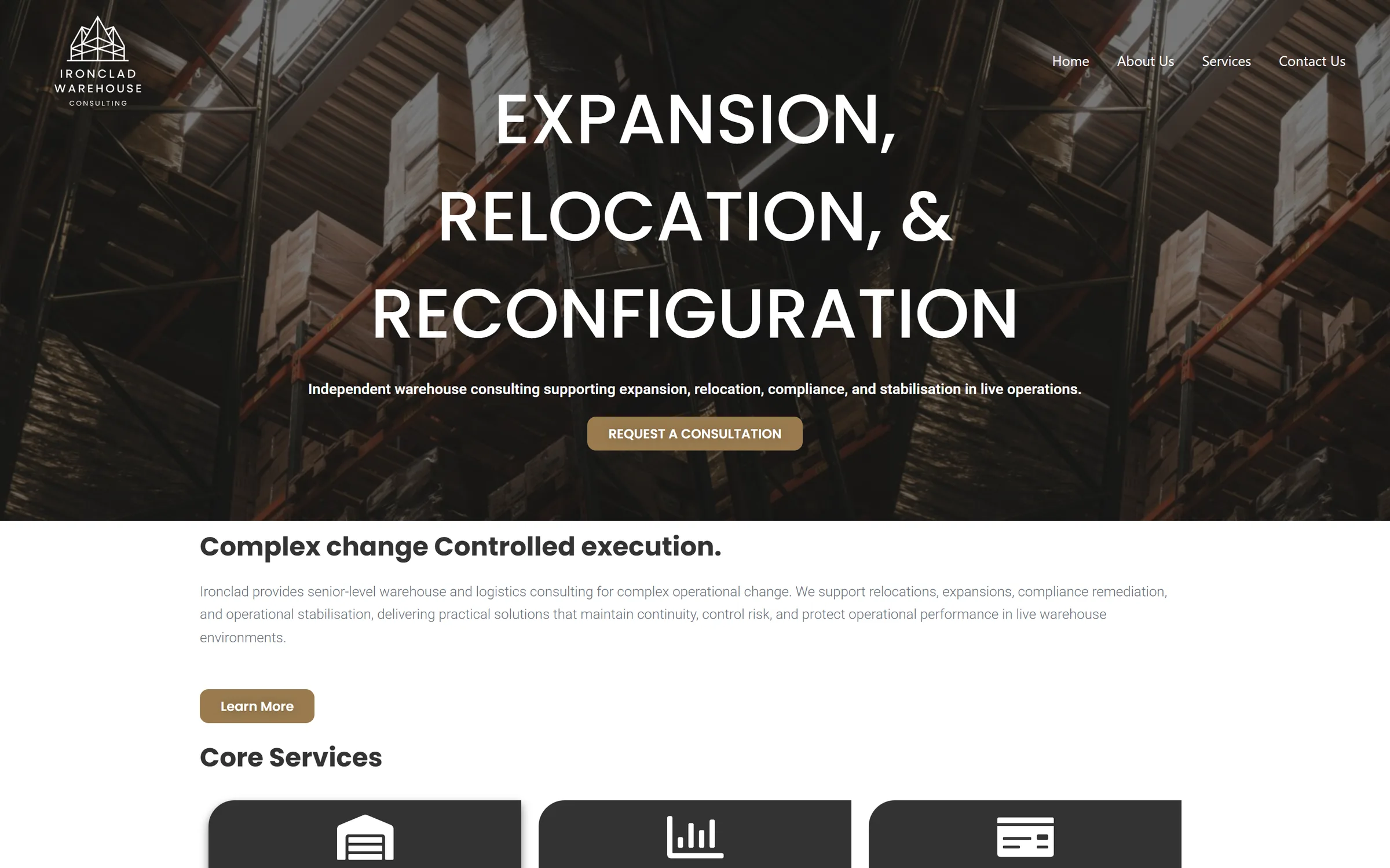 ironcladwarehouse.co.za homepage — dark warehouse hero with bronze consultation CTA