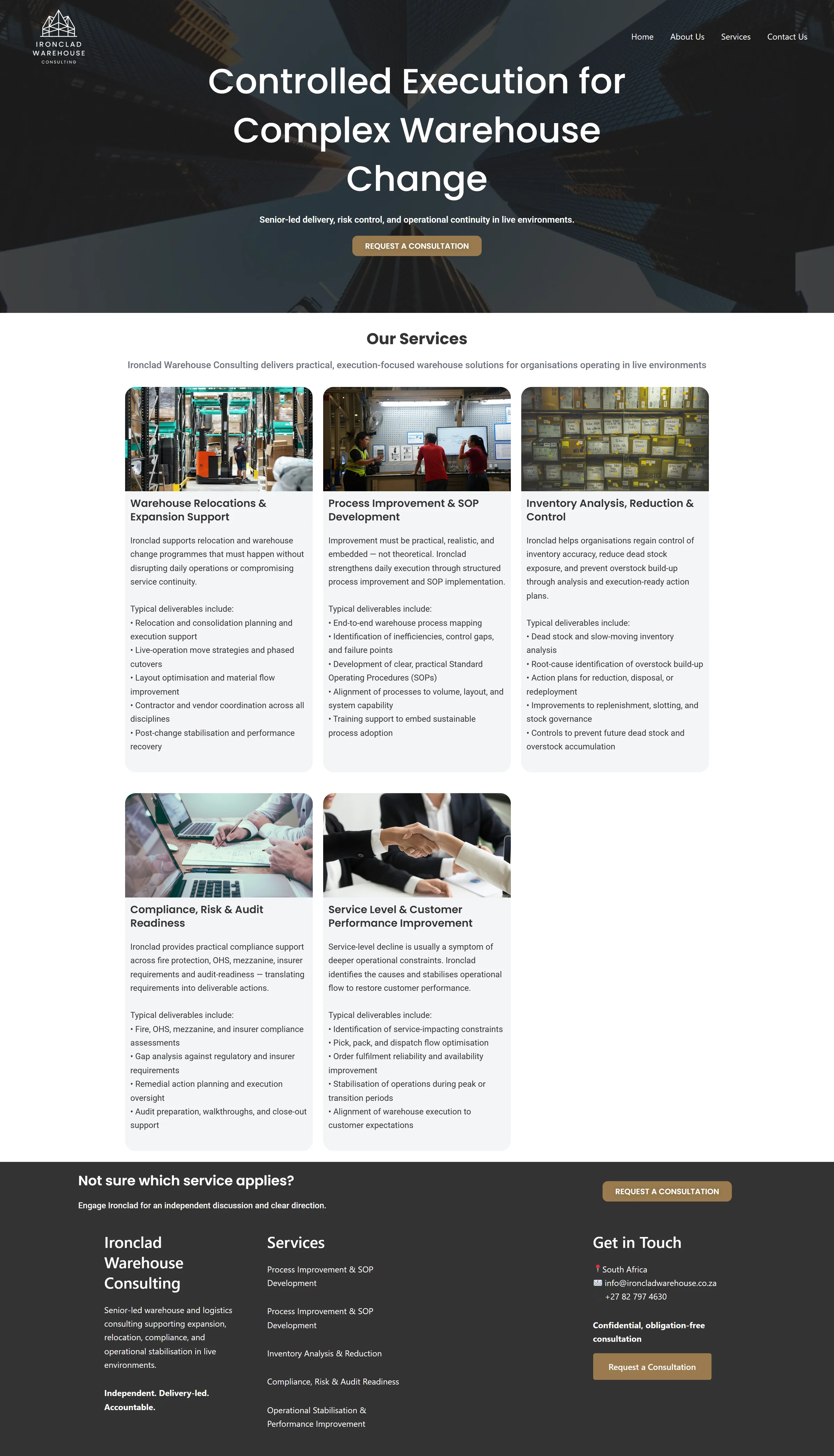 Five services, spelled out like deliverables — ironcladwarehouse.co.za/services