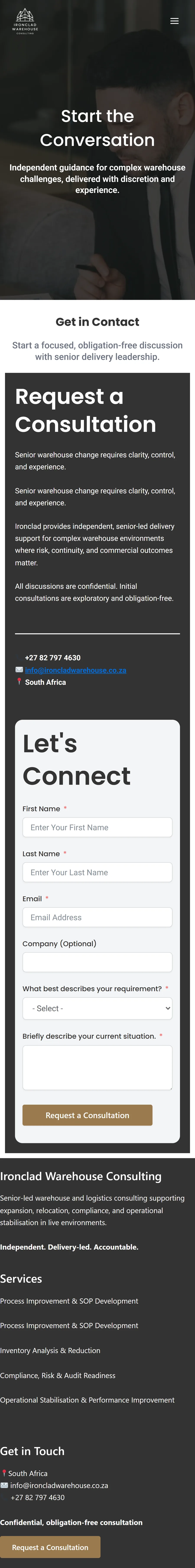 Ironclad contact page on mobile