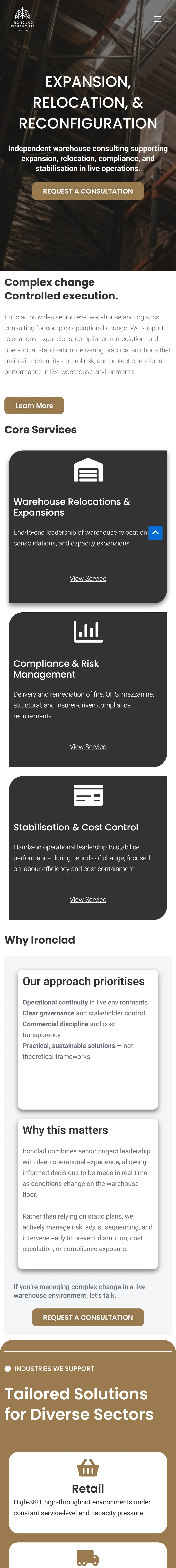 Ironclad Warehouse homepage on mobile